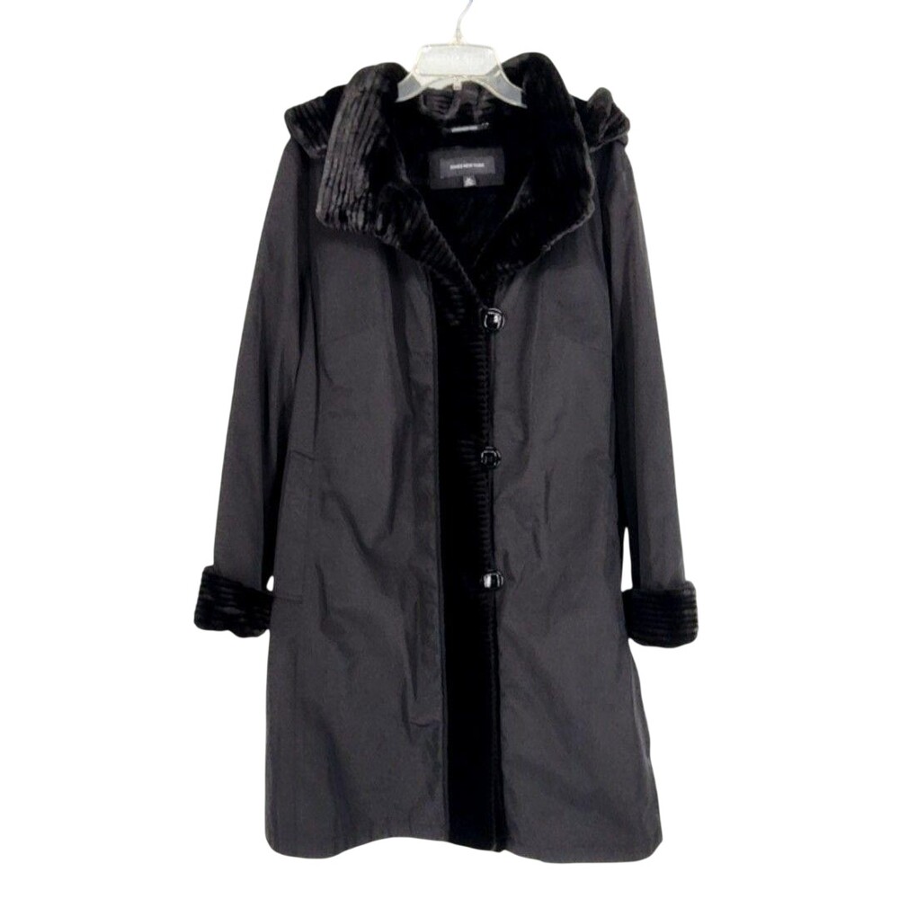 Jones New York Coat Womens 2X Black Faux Fur Hooded Long Button Front Parka